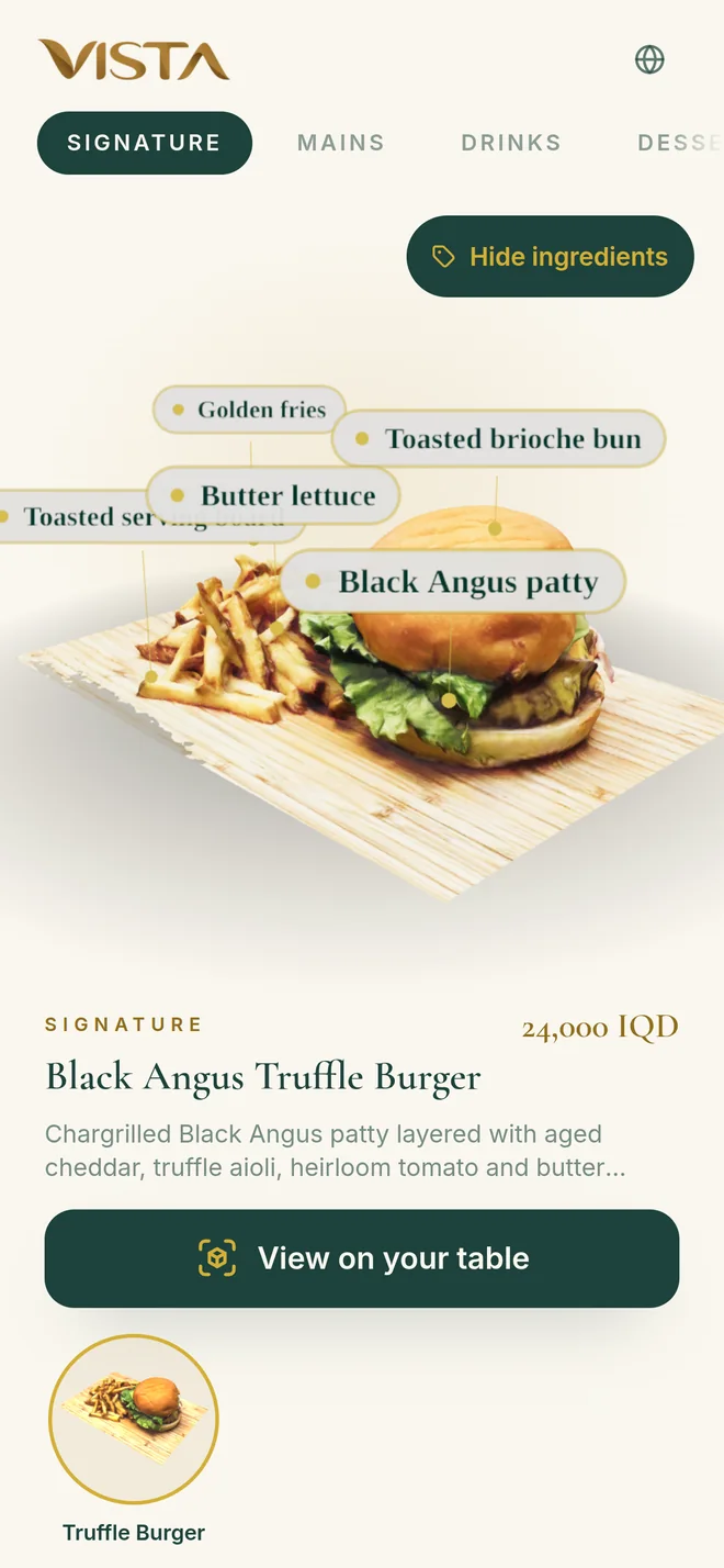 The burger in 3D with gold callouts naming the brioche bun, the patty, the lettuce and the fries