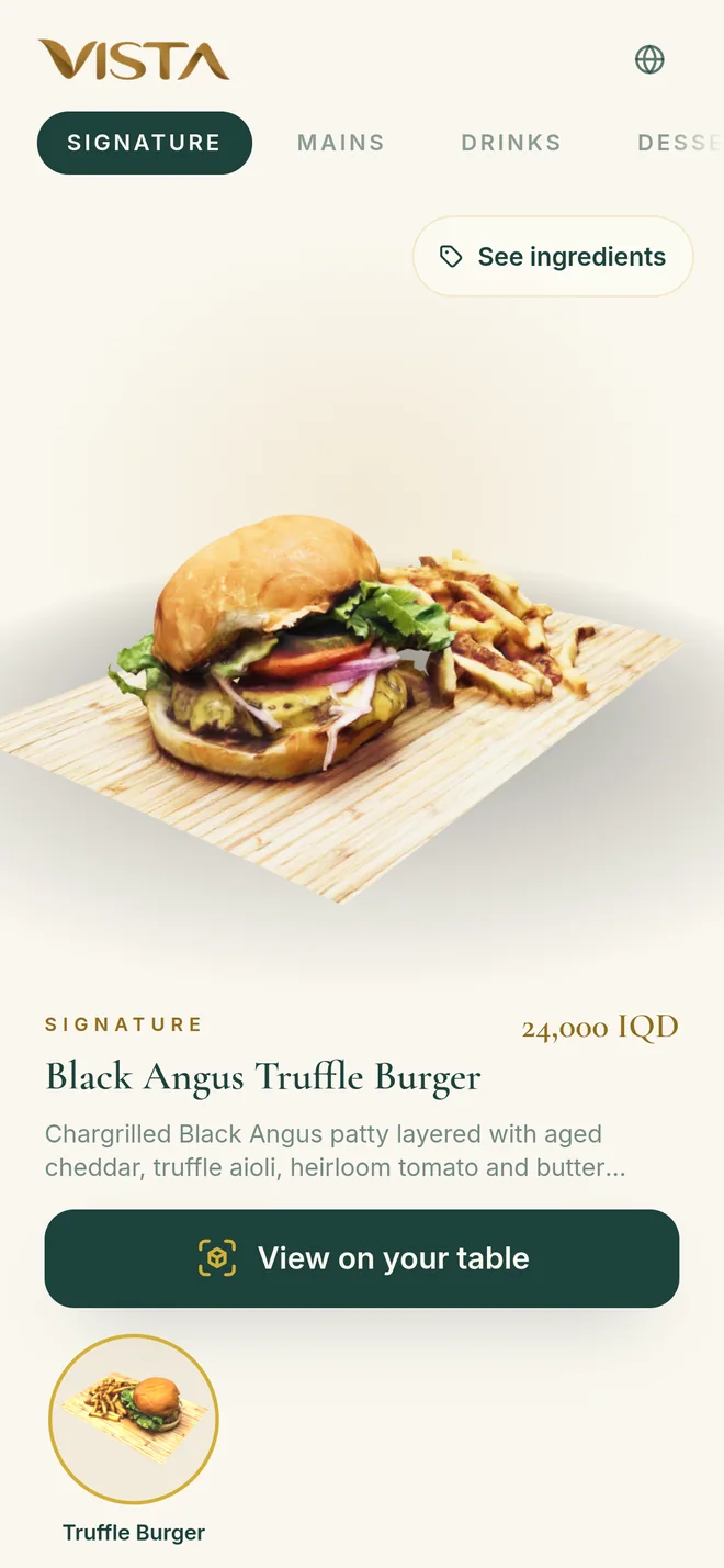 The Vista menu on a phone, showing a Black Angus truffle burger in 3D with its price in dinars